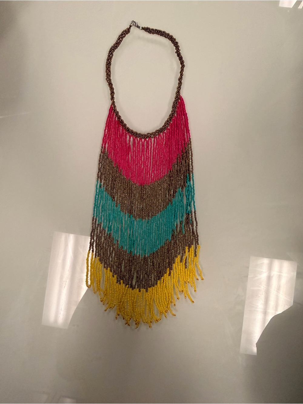Handmade Multicolor Beaded Fringe Necklace - Pink, Turquoise & Yellow
